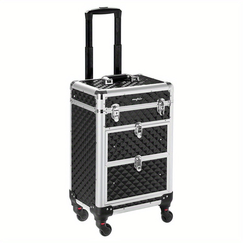 Makeup Train Case Rolling Aluminum Lockable Trolley with 4 Wheels 2 Sliding Drawers Telescopic Rod Portable Cosmetic Organizer Suitcase for Makeup Artists Salon Travel Beauty Storage Black
