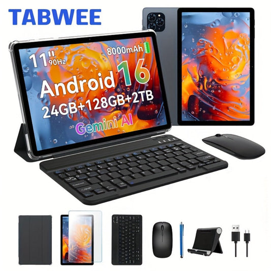 TABWEE T90 Android 16 Tablet 11 Inch FHD 2025 | 24GB RAM 128GB ROM 2TB Expandable, Octa-Core, 8000mAh Battery, 1200x1920 IPS, Face ID, Widevine L1, 3MP+5MP Camera, Tablet PC for Streaming Work School