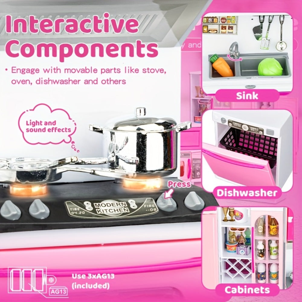 Pink Mini Kitchen Toy Set, 64-Piece Pretend Play with Lights and Sounds