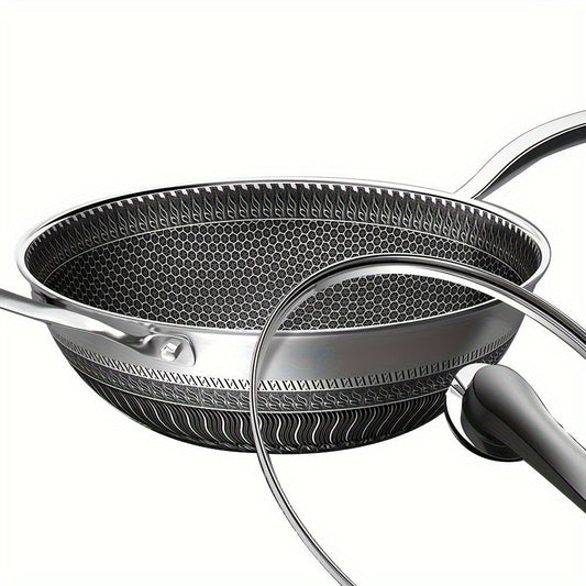Stainless Steel Wok with Honeycomb Non-Stick Surface, 13.3-Inch Pan with Lid and Utensils