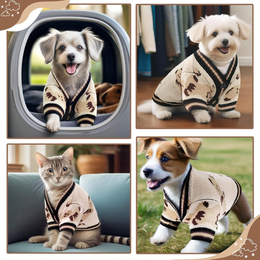 Bear-Print Dog Cardigan Sweater with Button Front for Small Dogs, Sizes XS–XL