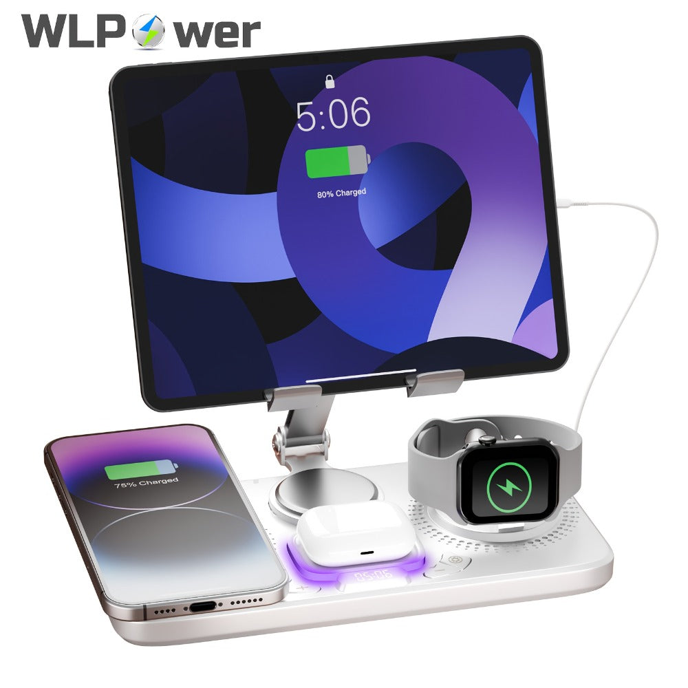 6-in-1 Wireless Charging Station with Clock Display & Atmosphere Light 15W Fast Charger Dock – Tablet Stand, Charges 4 Devices at Once | iPhone 17/16/15/14/13/12, Apple Watch, AirPods | Black & White