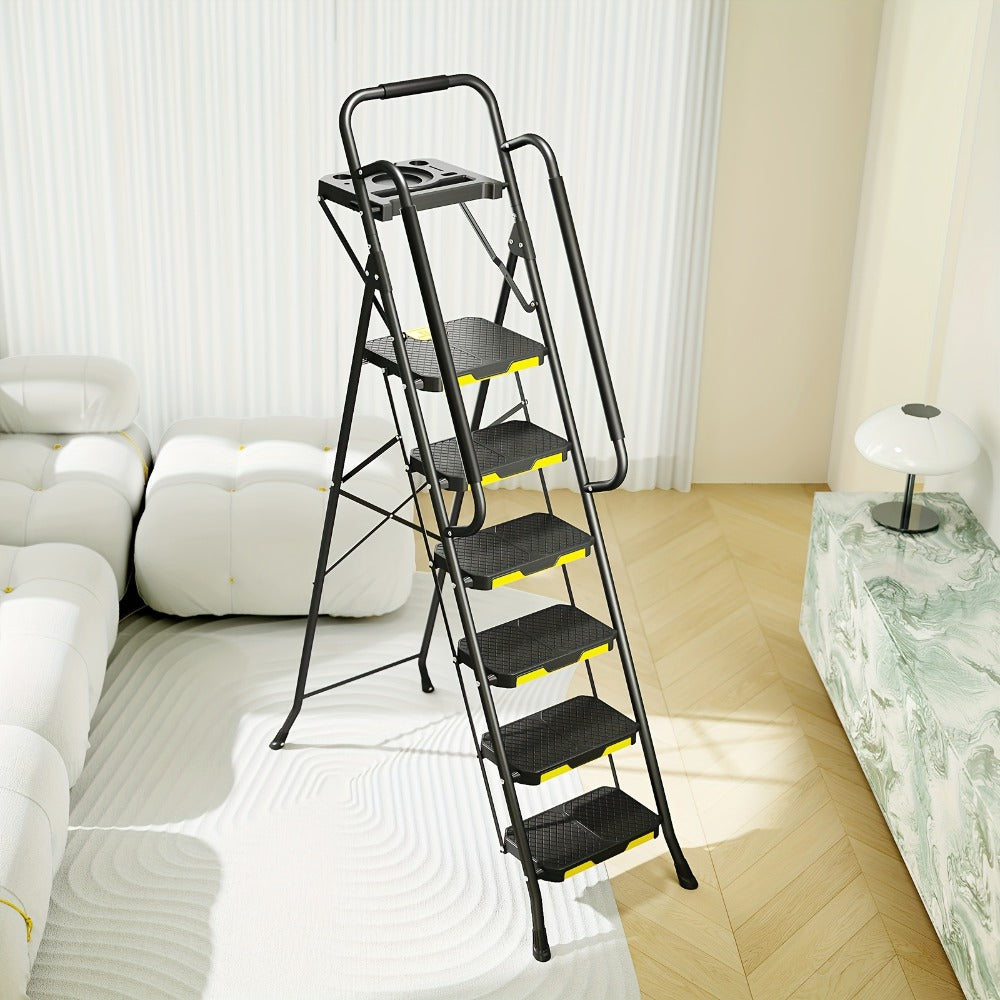 6 Step Ladder with Handrails & Tool Platform 800 LBS – Folding Step Stool Wide Pedal Steel Safety Ladder for Adults, Painting, Home, Garage & Outdoor Use – Auto Safety Lock, Compact Storage