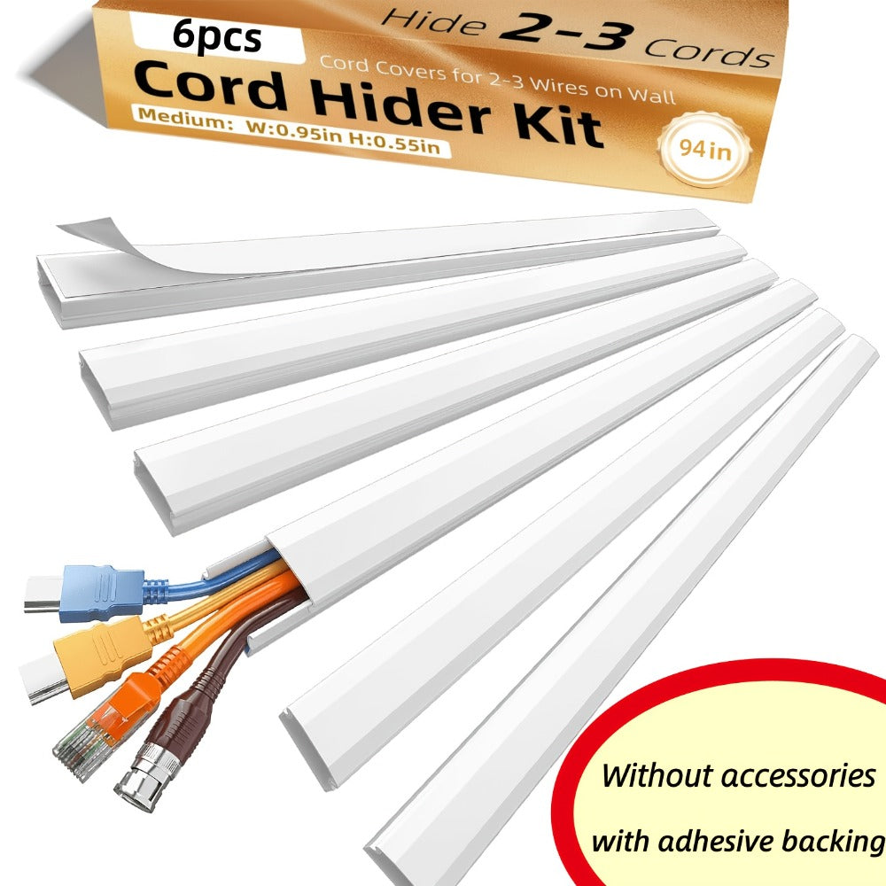 Cable Raceway Cord Hider for Wall Paintable White Self-Adhesive No-Drill – Wire Hiding Channel 0.95"W x 0.55"H for TV Home Office Desk Baseboard, Snap-On Cover, 6-Piece or 94"/157" Sets