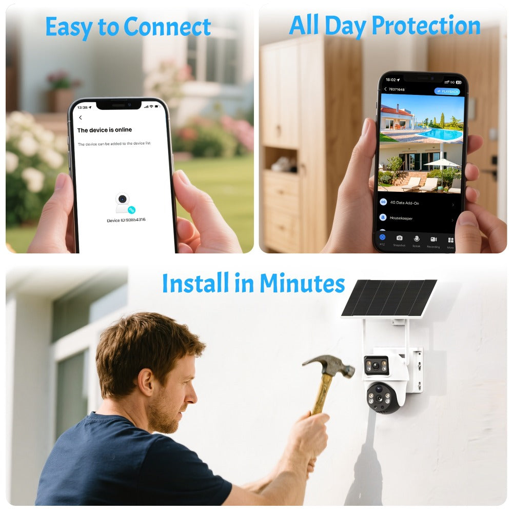 4K Solar Security Camera Outdoor Wireless – 360° PTZ Dual Lens PIR Motion Detection, Full Color Night Vision, Spotlight Siren Alarm, Two-Way Audio WiFi Camera for Home, Farm & Ranch