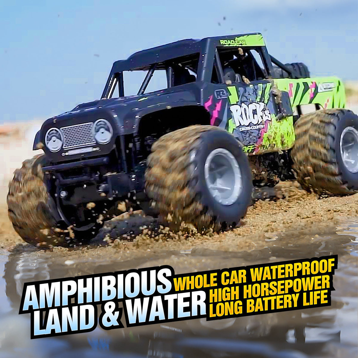 Amphibious RC Car 1:16 Scale 4WD, Waterproof Monster Truck or Pickup, 2 Batteries