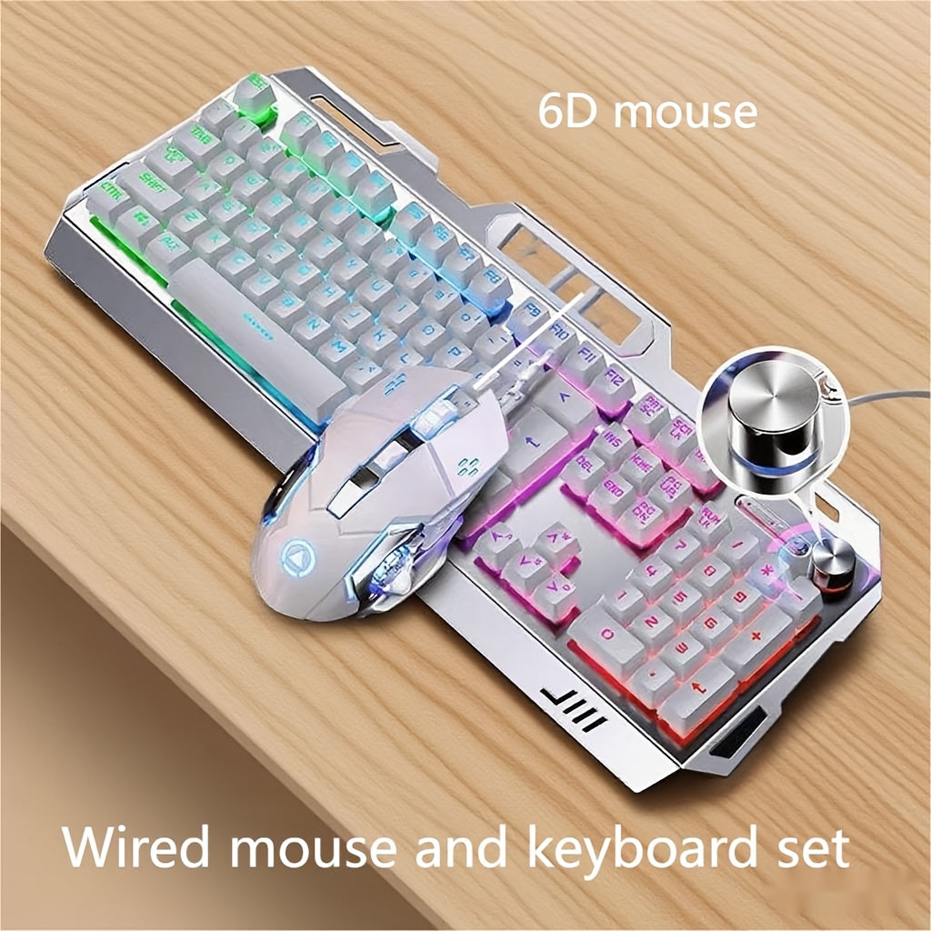 Gaming Keyboard Wired 104 Keys Full Metal Panel – LED Color Backlight, Multimedia Knob, Faux Mechanical Feel, USB, Ergonomic Design with Phone Holder | Keyboard or Keyboard & Mouse Combo