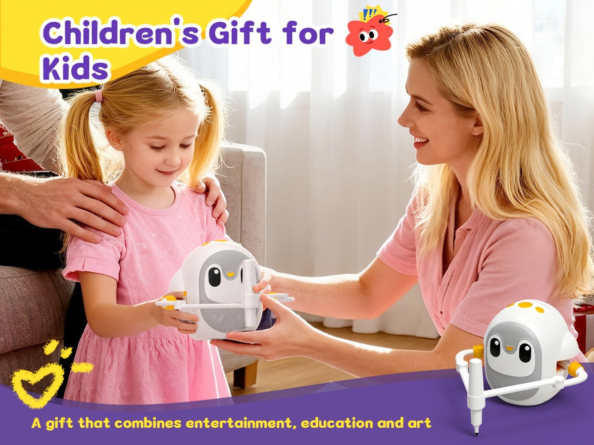 Drawing Robot for Kids Penguin, 200 Learning Cards & 12 Color Pens, STEM Art Educational Toy, Screen-Free Interactive Drawing Game, Step-by-Step Lessons for Boys & Girls Ages 3+, USB Charging, Birthday Gift