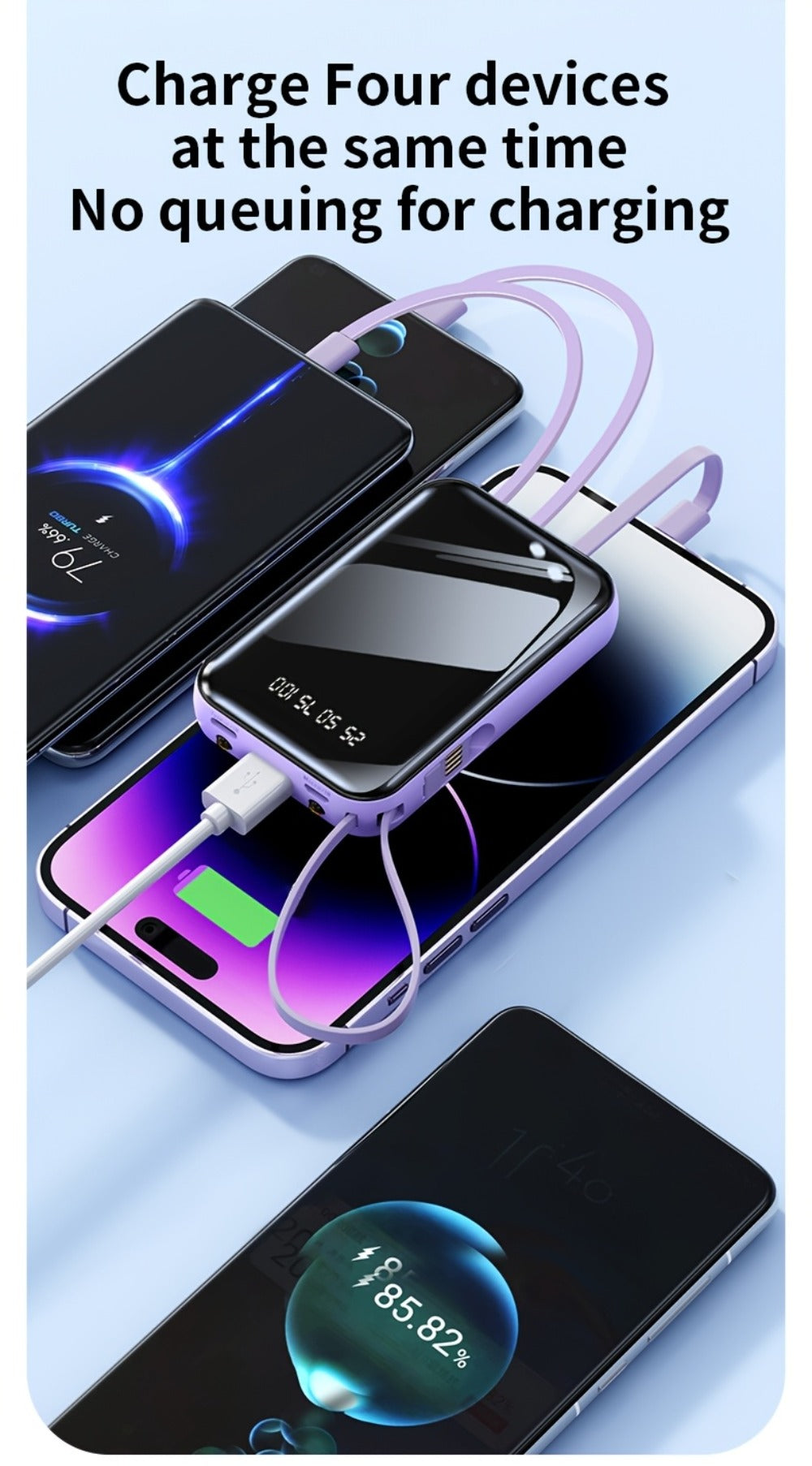 Built-in Cables Flashlight 50000mAh Power Bank Portable Charger, Fast Charging LED Display Emergency Battery Pack for iPhone Android Outdoor Travel Camping Hiking – Black Purple Available