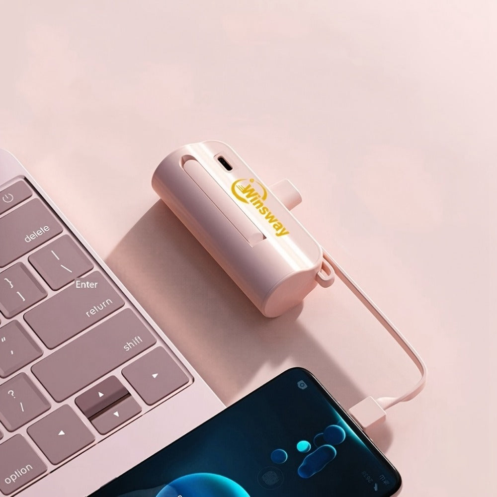 Capsule Mini Power Bank 5000mAh Dual Port Wireless Charging Phone Holder Fast Charge USB-C Cable Charge Two Phones at Once Pocket Portable Charger for Android Samsung iPhone