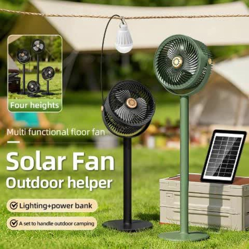 Solar Floor Fan 33-Inch Rechargeable 4000mAh USB Standing Fan Power Bank 2-in-1 360° Tilt 5-Speed 4-Height Adjustable for Indoor Outdoor Courtyard RV Camping