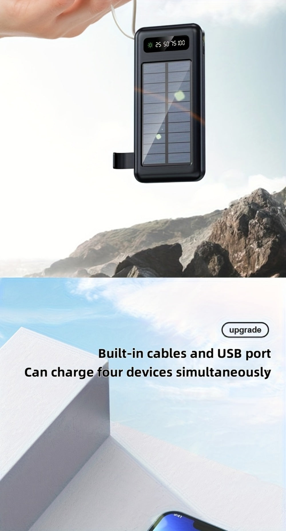 Solar Power Bank with Built-in 4 Cables LED Flashlight 15W Fast Charging Digital Display Dual USB USB-C Portable Charger 10000mAh 20000mAh 30000mAh for iPhone Android Camping Hiking