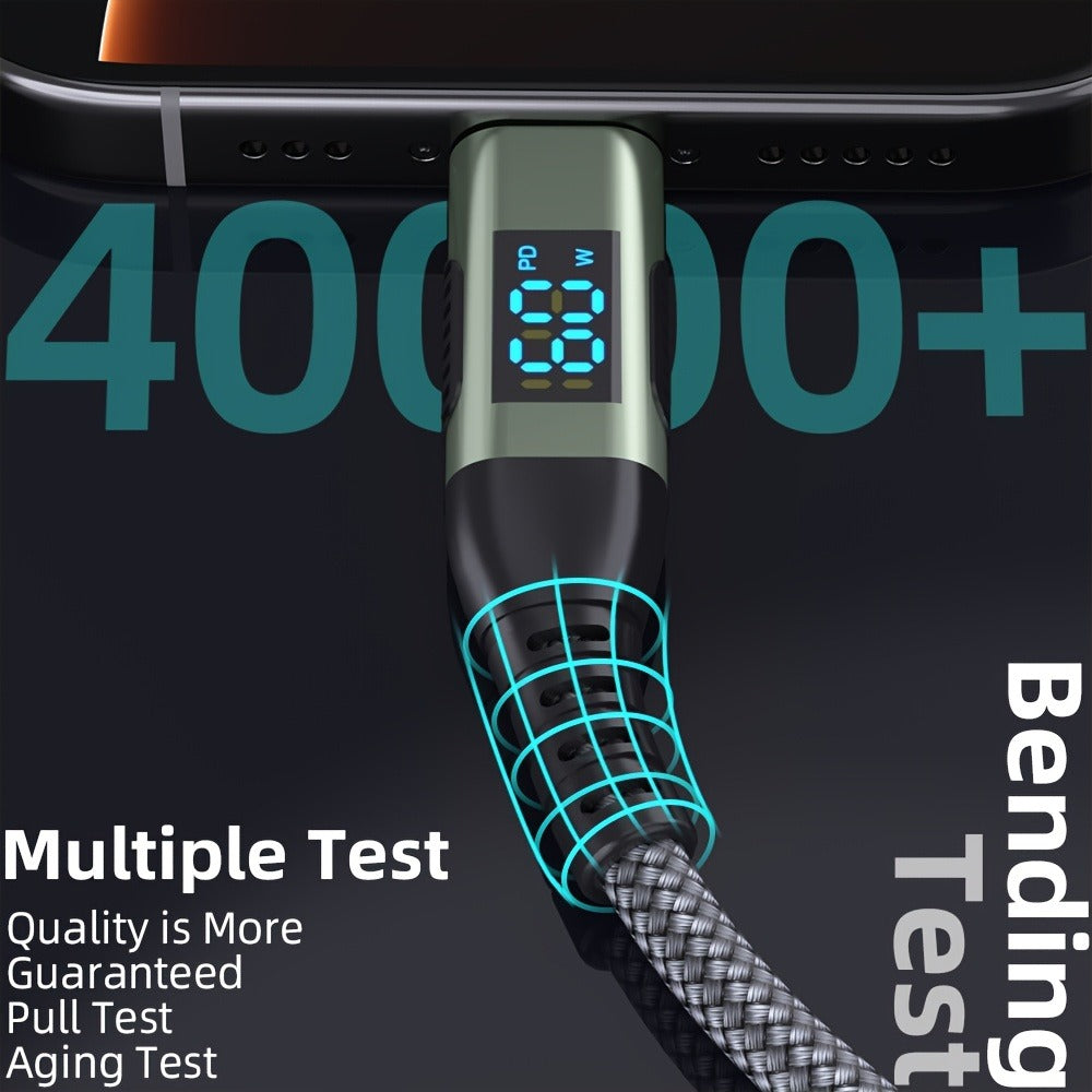 USB-A to USB-C Cable with LED Digital Display, 3A Fast Charging & 480Mbps Data Sync, Nylon Braided Anti-Overheat, for iPhone 15 Samsung Galaxy LG Android – Green (1pc/2pcs)