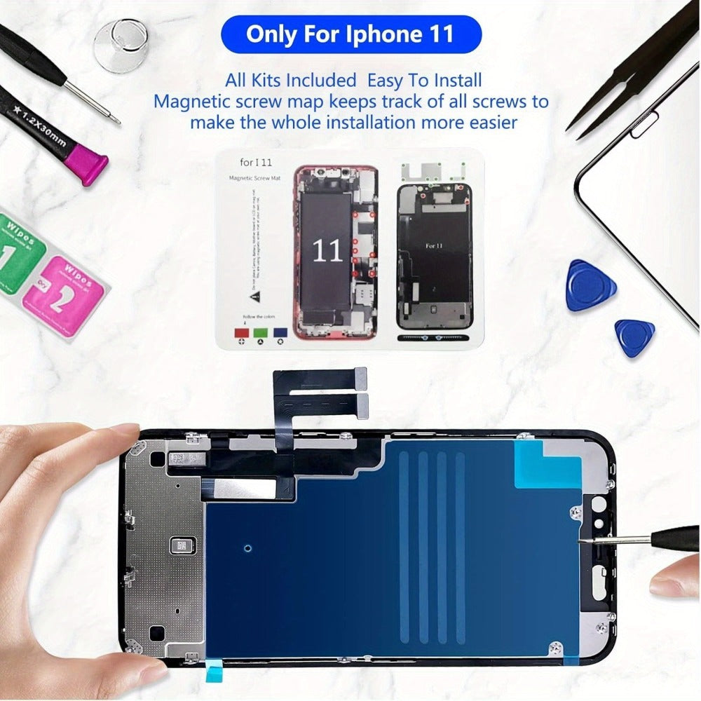 iPhone 11 Screen Replacement Kit LCD Touch Digitizer Assembly 6.1 Inch – DIY Repair Set with Tools Magnetic Screw Mat Tempered Glass Frame Adhesive, Black Display A2111 A2221 A2223 Face ID Compatible