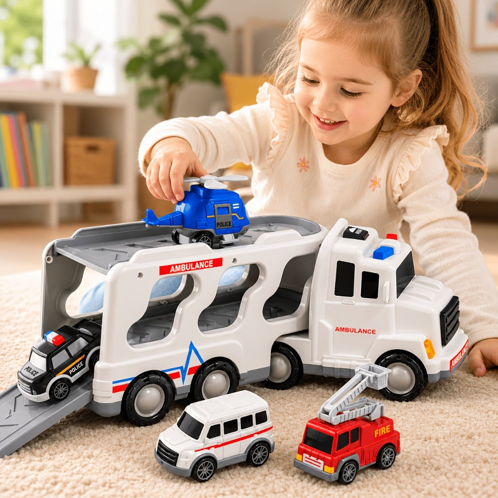 Ambulance Carrier Truck Toy Set, 5-in-1 with Lights, Sound and Rescue Vehicles