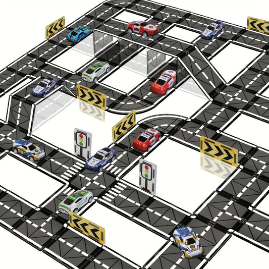 Magnetic Road Track Set 44 Pcs, Flexible Road Builder Tiles with Pull-Back Cars