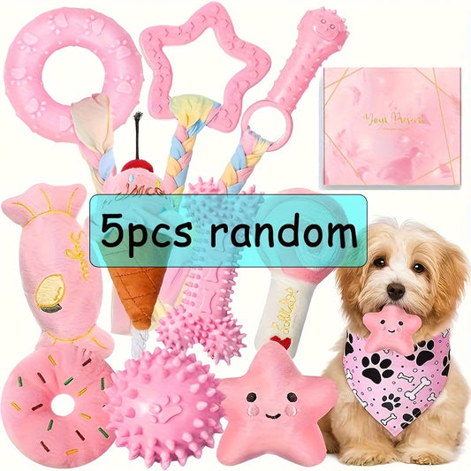 Puppy Chew Toy Set, 5-Piece Plush and Plastic Assortment in Pink or Blue