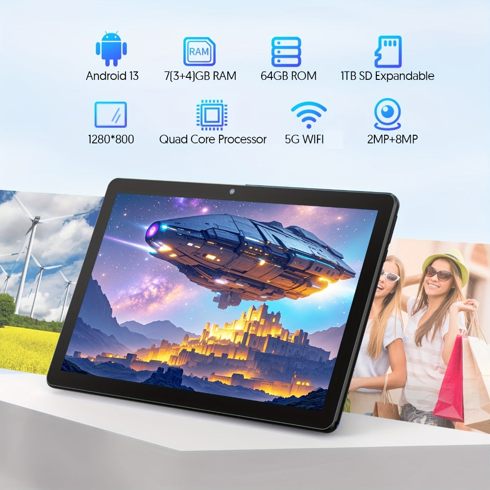 Android 13 Tablet 10 Inch 6000mAh Battery 7GB RAM 64GB ROM 1TB Expandable Storage Quad-Core Processor 8MP Dual Camera 1280x800 IPS Display WiFi Tablet with Protective Case – Blue