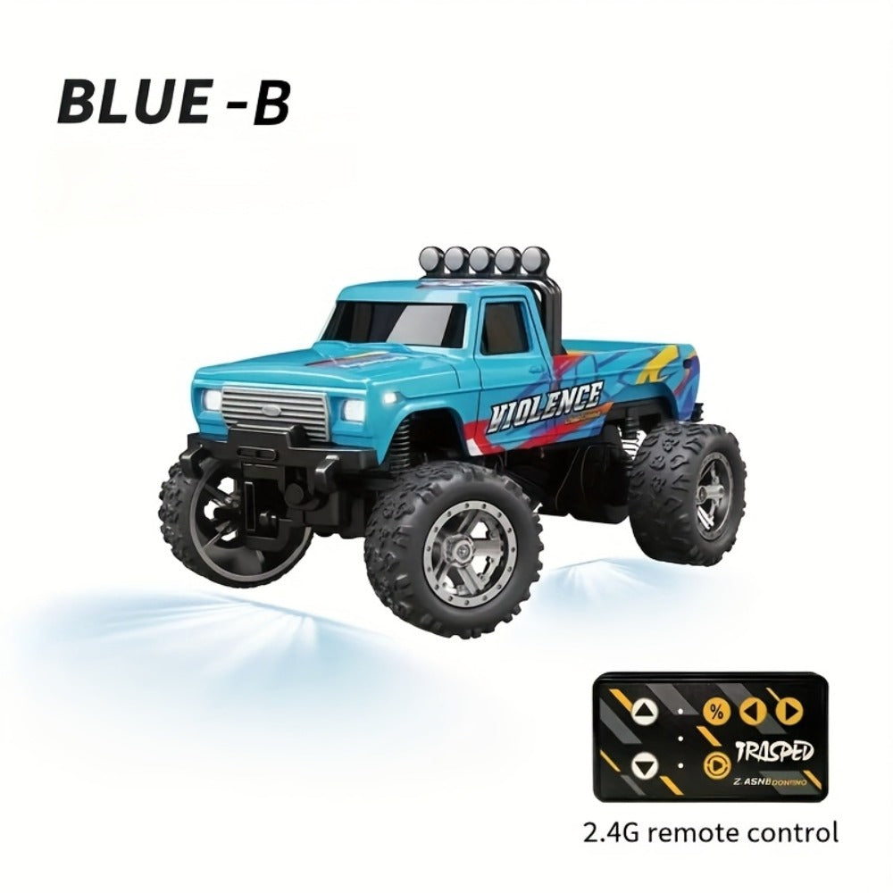 Mini RC Monster Truck, 1:64 Scale Alloy Body with LED Lights, Blue