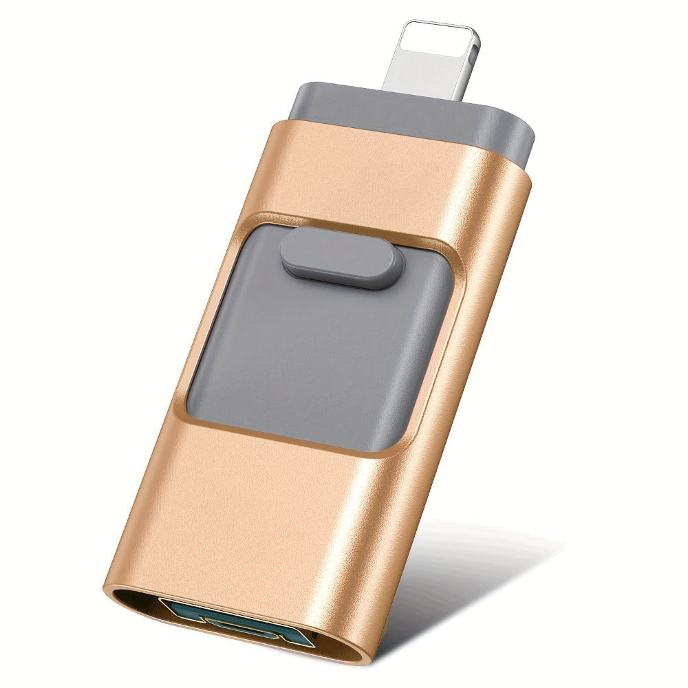 4-in-1 Flash Drive for iPhone iPad Android Type-C PC – OTG USB 3.0 Photo Stick 128GB 256GB Memory Stick Thumb Drive, Lightning Micro USB USB-C USB-A, Golden Silver Pink Black