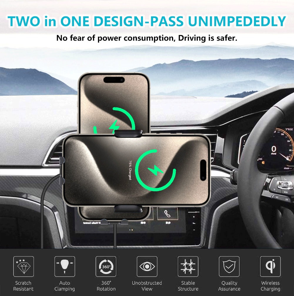 Auto-Clamping Car Wireless Charger 15W Blue Gold Stylish Vent Clip Phone Mount 360° Rotation for iPhone 16 15 14 13 12 11 Pro Max, Samsung Galaxy S24 S23 S22 S21, All Qi Devices – Blue & Gold