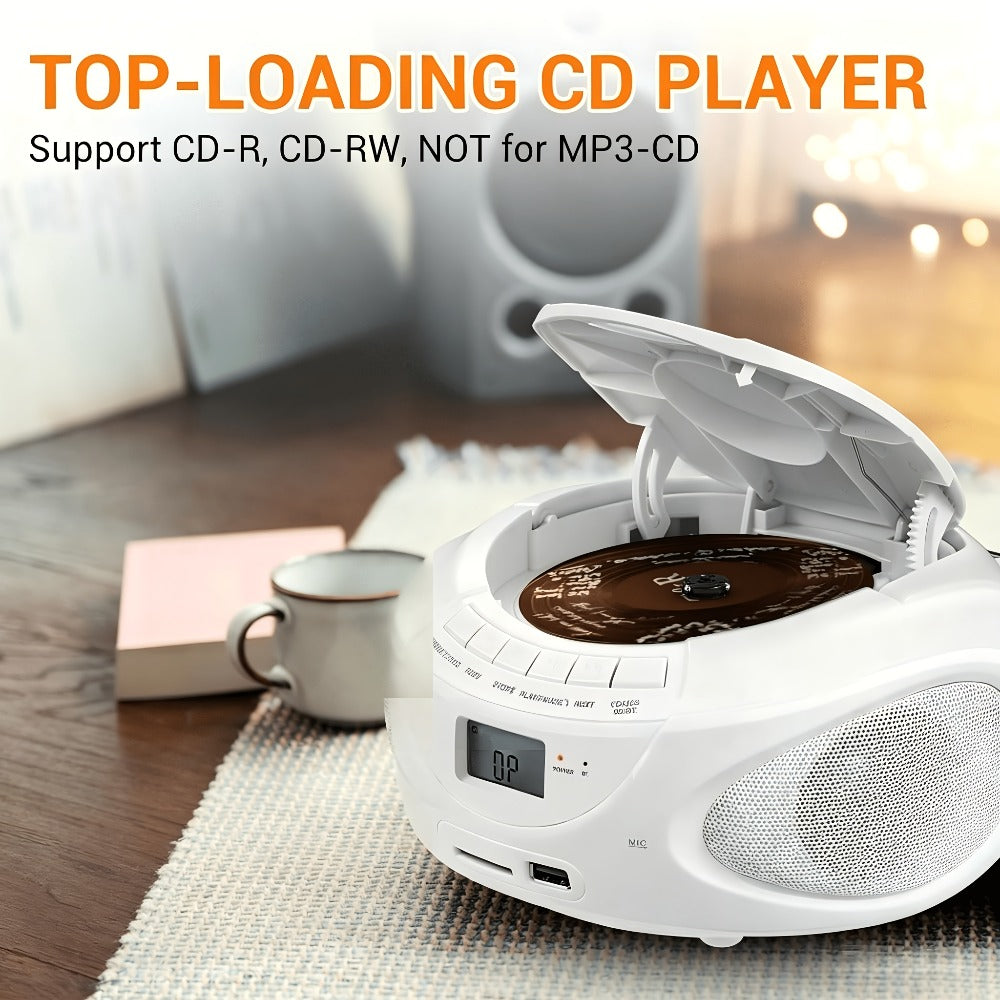 Portable CD Player Boombox with AM FM Radio Dual Stereo Speakers, Aux Input USB TF Card MP3 Player, Earphone Jack, A-B Repeat, Plug & Play 120V, Multi-Function Home & Outdoor CD Boombox