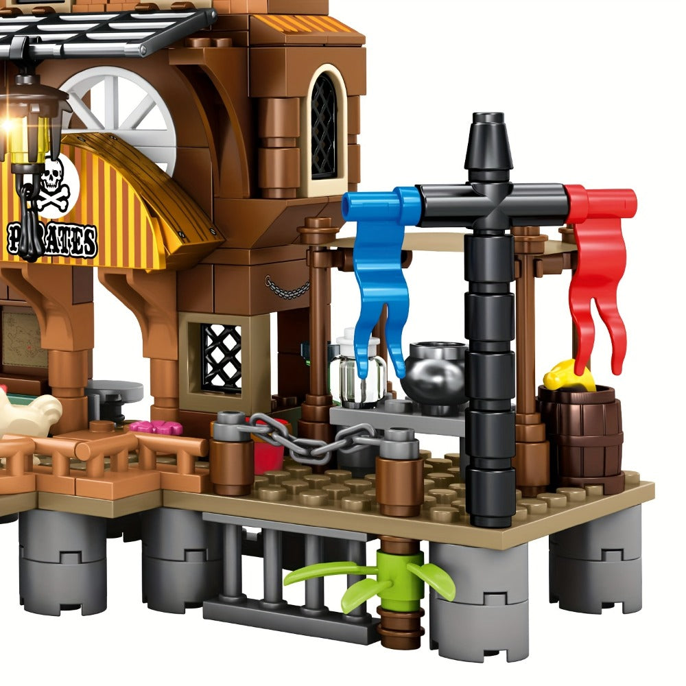 Pirate Ship Building Blocks Set, 573 Pieces Pirate's Wharf Supply Center for Ages 8+