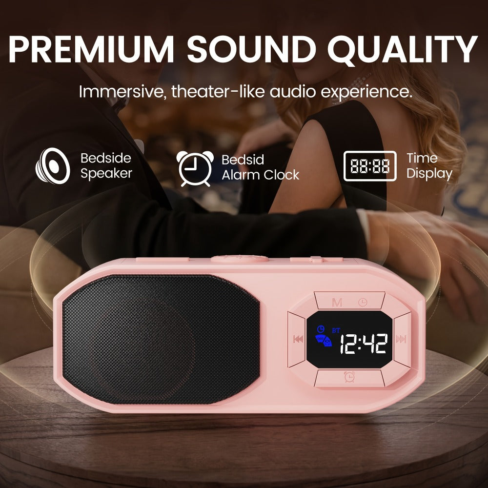 Bluetooth Speaker with Digital Alarm Clock, Fixed-Time Alarm, HD Sound, TWS Stereo Pairing, USB TF Card AUX Input, Type-C Rechargeable, Non-Slip Base, Wireless Bedside Speaker for Home Bedroom Dorm Camping