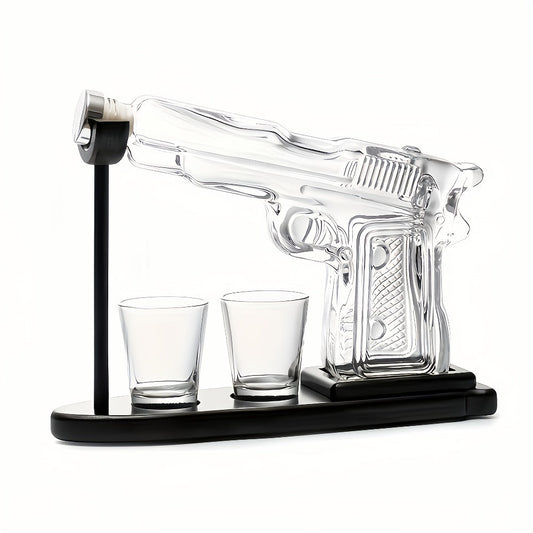 Whiskey Decanter Set, 10 oz Pistol Shape with 2 Bullet Cups & Wooden Stand