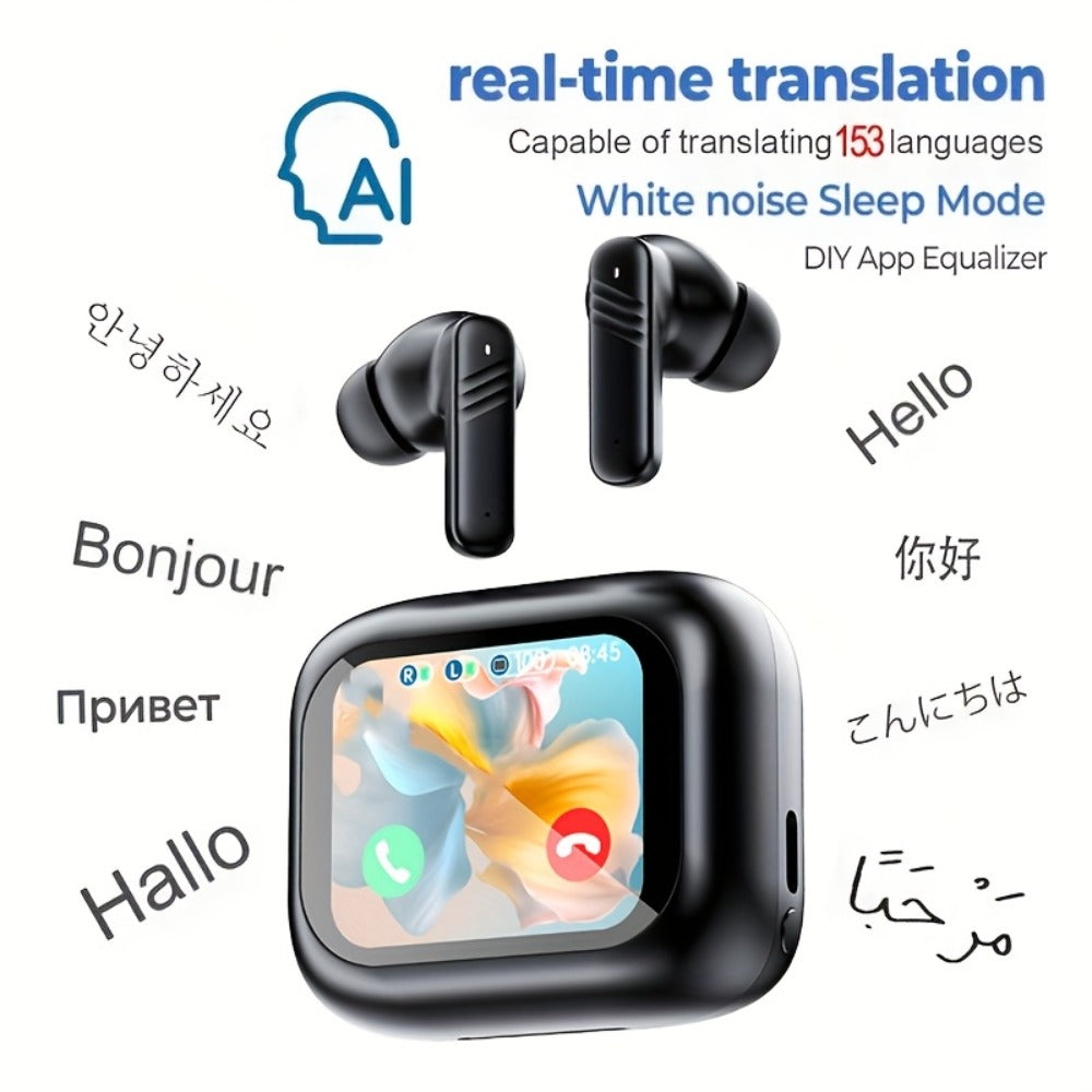 ANC AI Translation Earbuds with LCD Screen – Active Noise Cancelling Wireless In-Ear Headphones for Business Meetings International Travel Multi-Language Real-Time Translator
