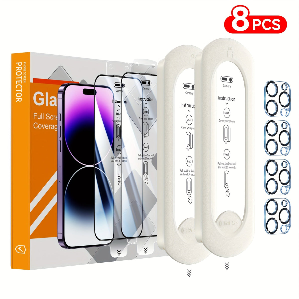 9H Tempered Glass Screen Protector for iPhone 8-Pack with Alignment Tool – 4 Screen + 4 Camera Lens, HD Clear, Bubble-Free, Case Compatible, iPhone 16 Pro Max / 15 / 14 / 13 / 12 / 11 Series