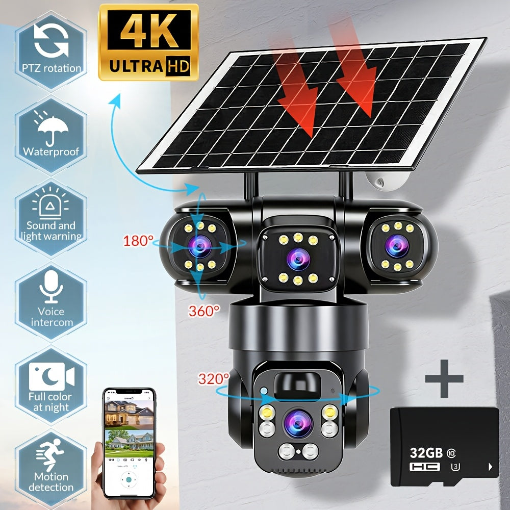 4K Solar Powered Outdoor Security Camera PTZ 360° Triple Lens Panoramic 10X Zoom 8000mAh Battery WiFi AI Human Detection Color Night Vision Two-Way Audio Driveway Farm