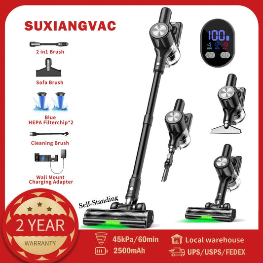 Cordless Stick Vacuum Cleaner with 45 kPa Suction, Anti-Tangle Brush and Green Light