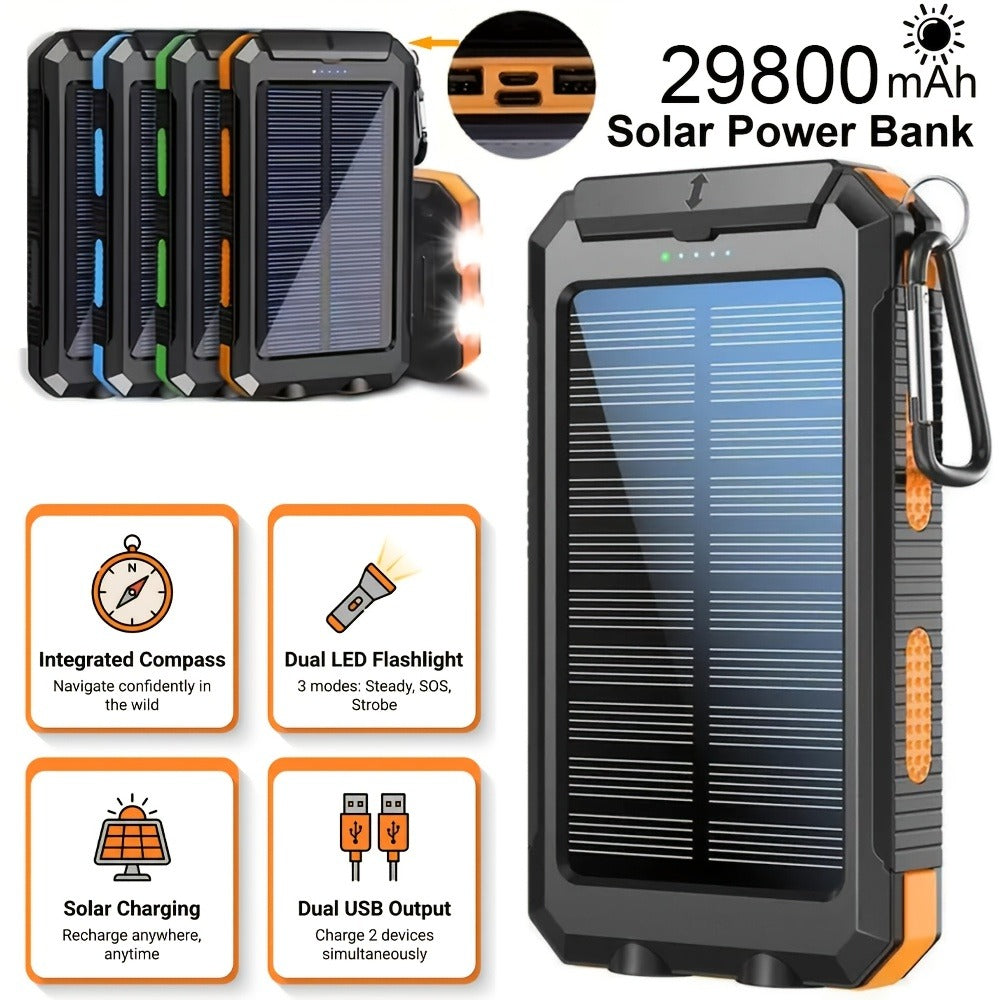 29800mAh Solar Power Bank with Compass & Dual LED Flashlight – Outdoor Camping Portable Charger, Dual USB 5V Output, SOS Emergency Battery Pack for Cell Phones & Mobile Devices, Black/Orange