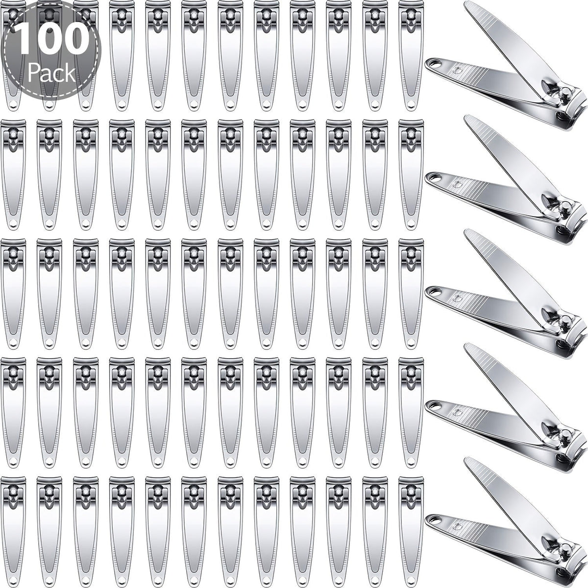 Nail Clippers Bulk 100pcs Stainless Steel — Heavy Duty Concave Blade Pointed Tip Non-Folding Fingernail & Toenail Trimmer for Men & Women Salon Supply Travel Gym Wholesale
