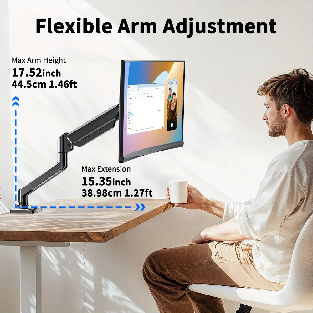 Aluminum Alloy Gas Spring Monitor Arm 19.8 lbs, Full Motion Swivel Tilt Rotate, Ergonomic Desk Mount for 13-32 Inch Screens, C-Clamp & Grommet Base, Space-Saving Home Office Stand