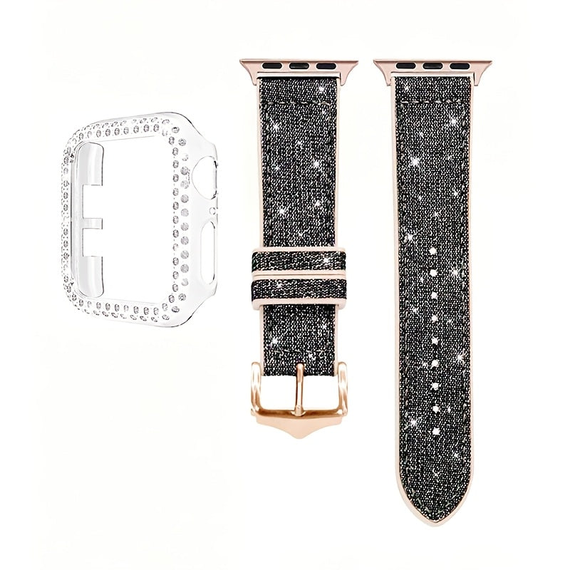 Apple Watch Band with Case Crystal Rhinestone Bling, Chameleon Color-Shift Strap + Shockproof Hard PC Cover, Compatible with Apple Watch Series 1-9 SE Ultra 38mm to 49mm S10 – Rose Gold Black Silver Women