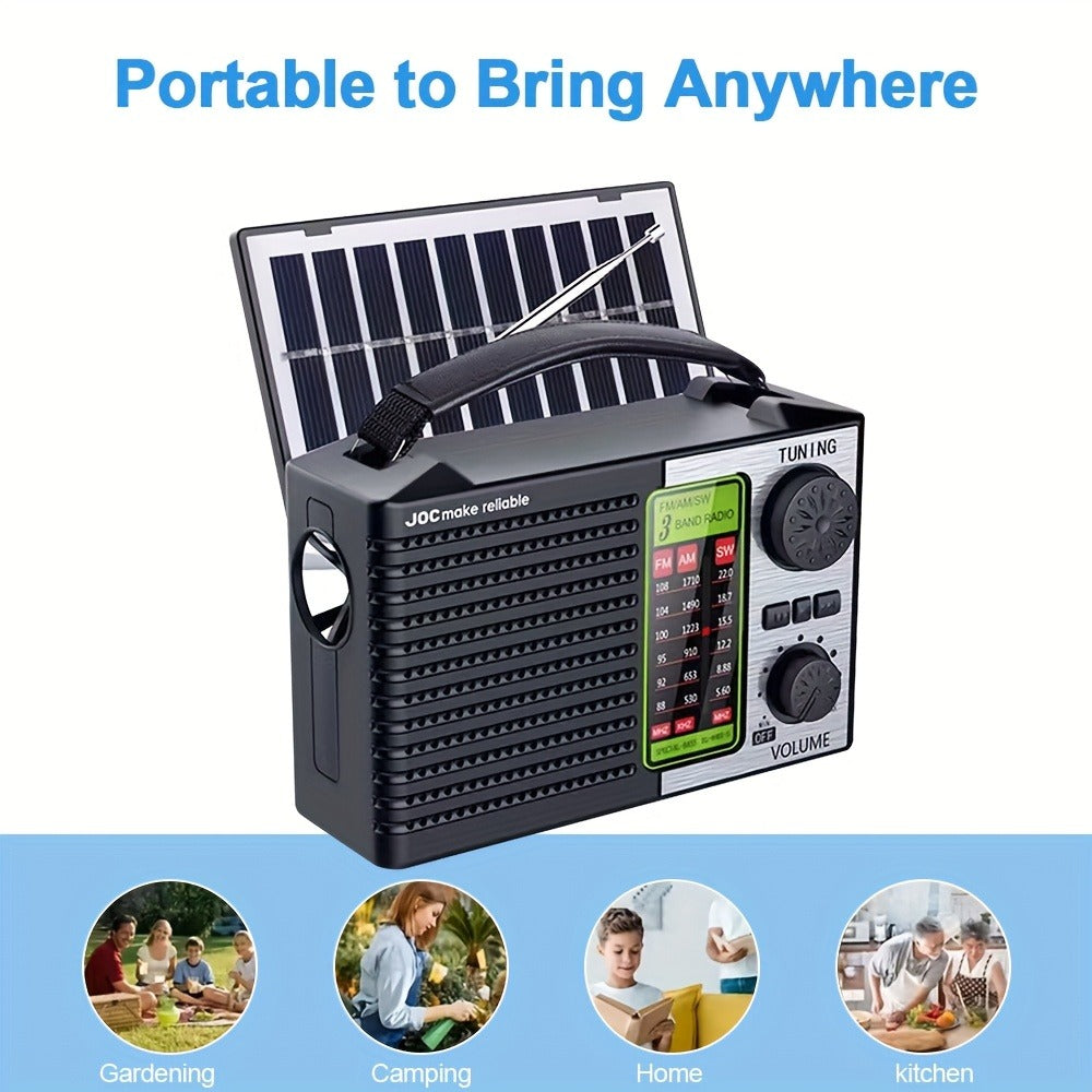 Emergency Solar Hand Crank Radio 5-in-1 with Dual Speaker, FM AM SW VHF, MP3 USB TF Card Player, 180° Foldable Solar Panel, LED Flashlight, Portable for Camping Power Outages Survival