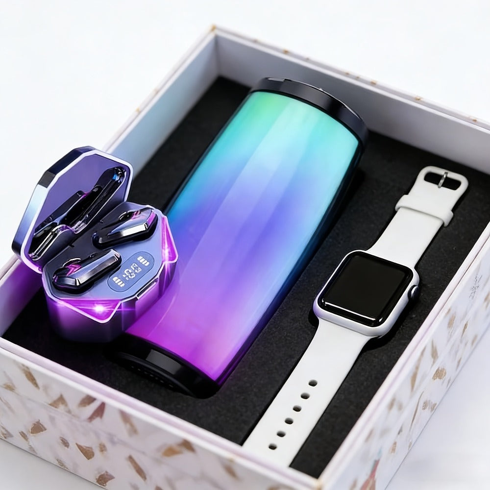 Gaming Headset Bundle Set Glowing LED Headphones Bluetooth Speaker Wireless Earbuds Surround Sound Touch Control 3-4 Piece Combo Gift Set with Free Watch for Teens Gamers
