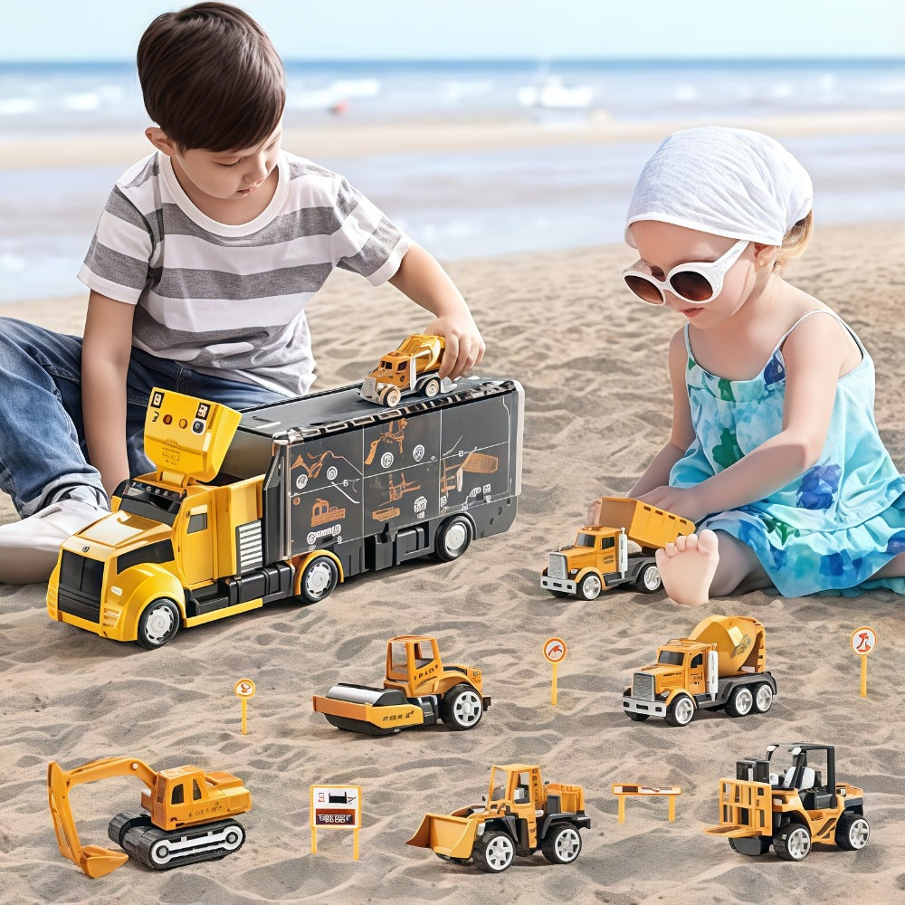 7-in-1 Diecast Construction Truck Toy Set with Excavator and Bulldozer