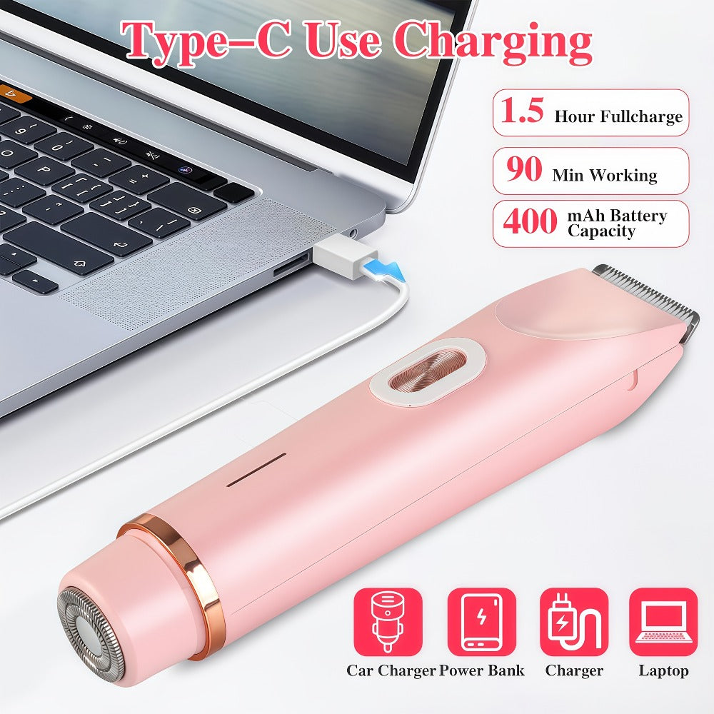 Bikini Trimmer for Women 2-in-1 Dual Head IPX7 Waterproof Electric Shaver Body Hair Trimmer Facial Hair Remover Bikini Underarm Leg Arm Face 90-Min Battery USB Rechargeable Pink Travel-Friendly