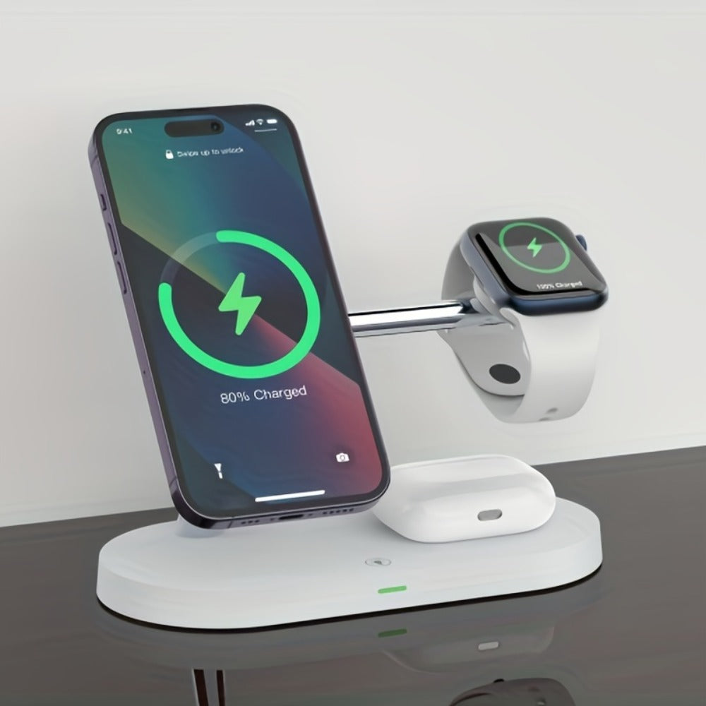 Wireless Charging Station 3-in-1 QC3.0 Adapter Included Magnetic Fast Charger Stand for iPhone 15 14 13 12 11 Pro Max Mini XR XS X SE 8, Apple Watch Series 1-9 Ultra, AirPods 4 3 2 Pro – White Black