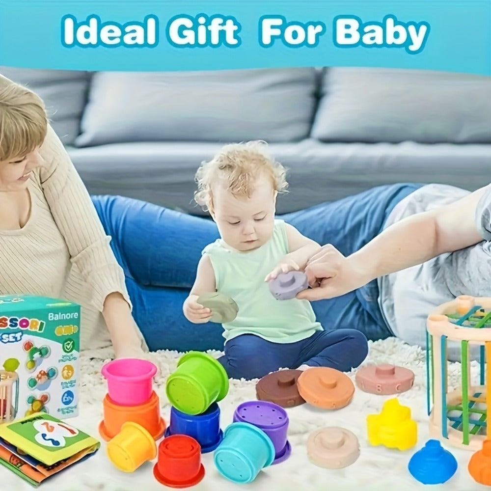 3-in-1 Baby Sensory Toy Set, Stacking Cups, Spinning Top & Cloth Book