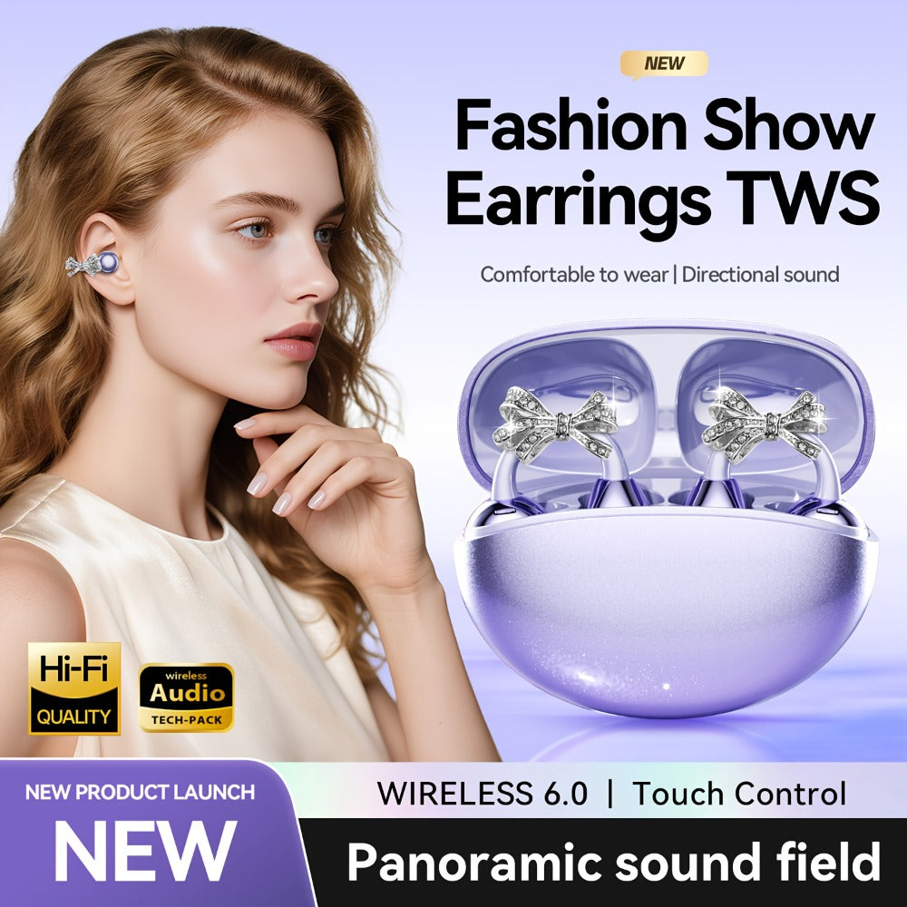 Butterfly Earring Wireless Earphones Open-Ear AI Translation HD Calls Touch Control Charging Case Non-In-Ear Jewelry Design Gaming Couple Headphones for iPhone Android Christmas Birthday Gift
