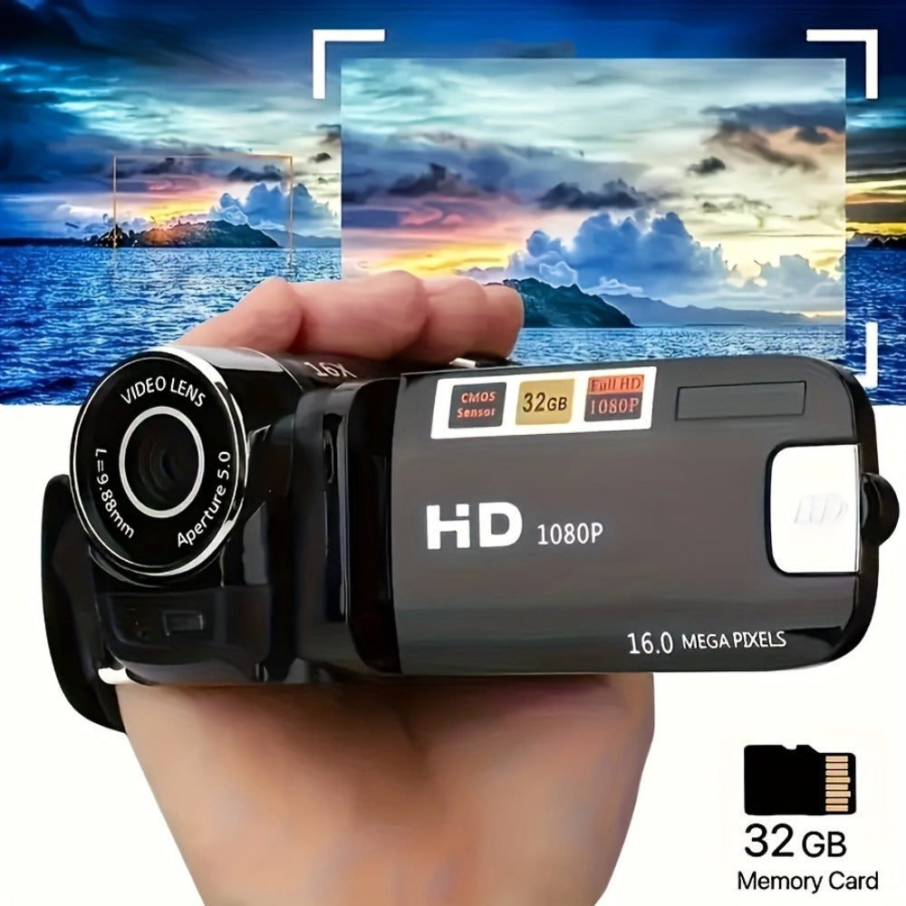 Portable 1080P Digital Camcorder with Rotating Screen & 32G Memory Card | Rechargeable Battery, Selfie Support, Compact Travel Video Camera for Vlogging, Family Gatherings & Everyday Recording