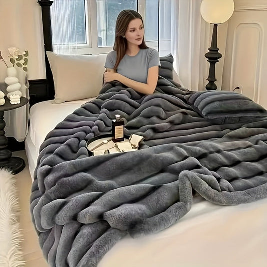 Faux Rabbit Fleece Blanket, Reversible Double-Layer in 3 Colors and 5 Sizes