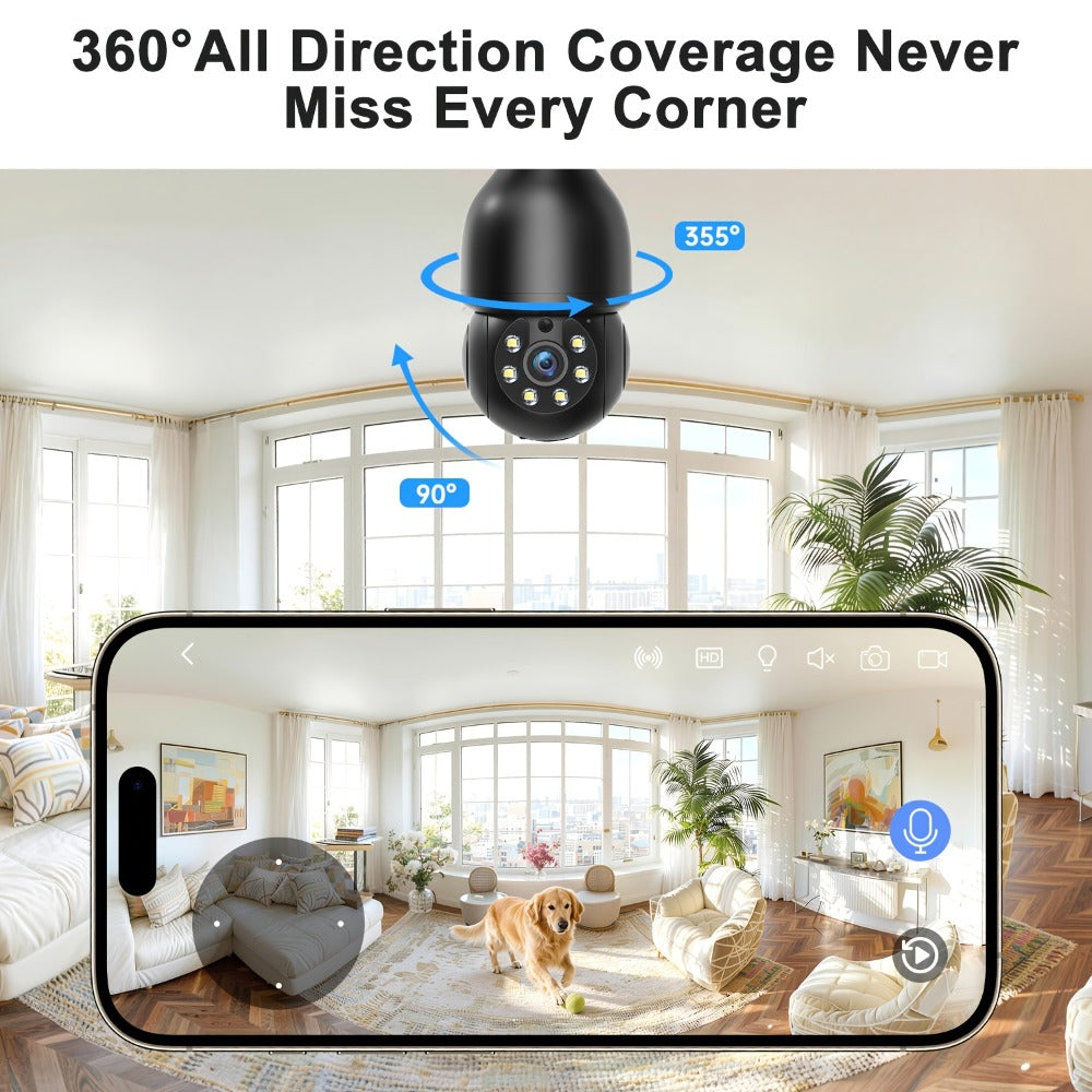 Smart Bulb Security Camera 5MP 360° Panoramic Pan-Tilt with Pet & Cat Dog Monitoring, Color Night Vision, Motion Detection Alarm, Two-Way Audio & Dual-Band WiFi 2.4G & 5G – Wireless Indoor Surveillance