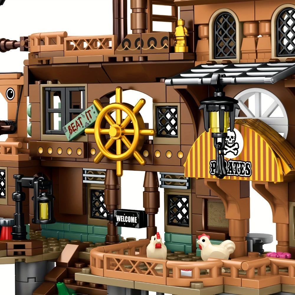 Pirate Ship Building Blocks Set, 573 Pieces Pirate's Wharf Supply Center for Ages 8+