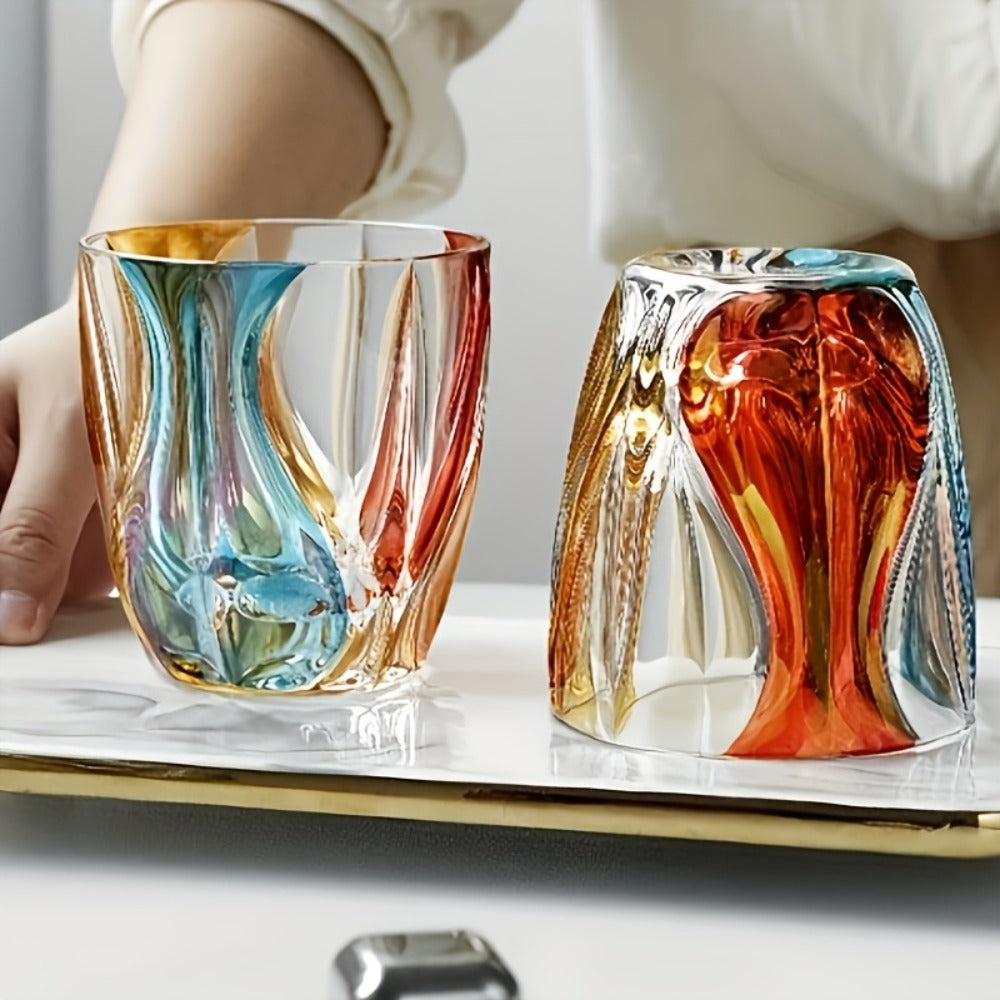 Hand-Painted Crystal Wine Glass 150ml – Czech Crystal Three-Color Luxury Short Cup for Red Wine & Whiskey – Artistic Decorative Glassware – Stylish Home Bar & Entertaining Gift