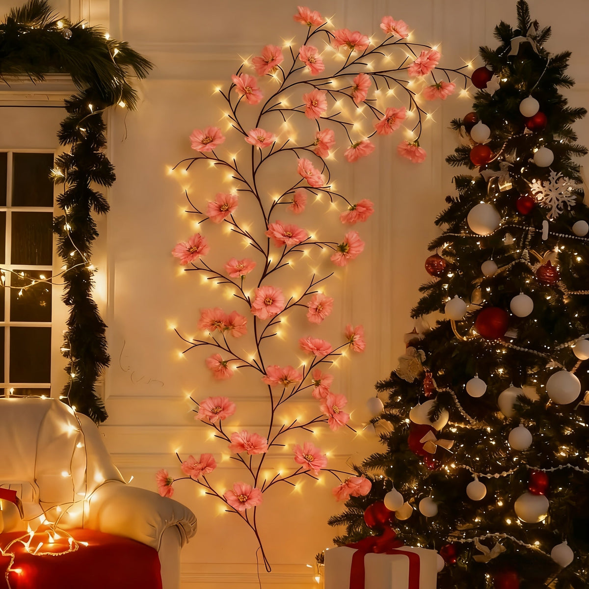 Cherry Blossom LED Fairy Lights USB Powered – 96-Light Faux Floral Garland, Dimmable Warm & Cool White, Plug & Play | Firework, Butterfly & Pink Styles | Bedroom, Party & Holiday Indoor Decor